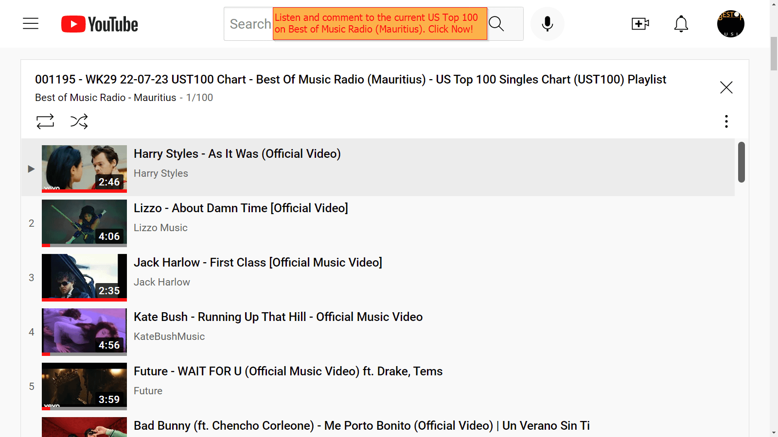 22-07-23 – YouTube US TOP 100 Singles Chart Playlist
